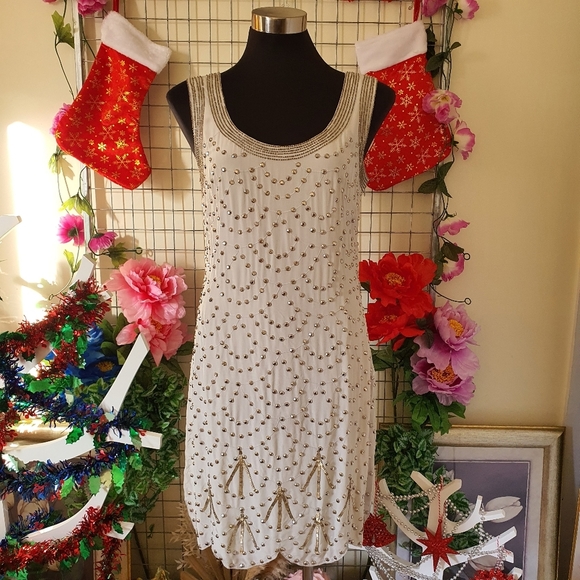 Alannah Hill Dresses & Skirts - ALANNAH HILL | 100% Silk - Main & Lining | White Beaded Dress Sleeveless | AU 12